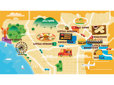Los Angeles Foodie Map alejandromila design drawing food foodie illustration illustrator los angeles map vector vector map
