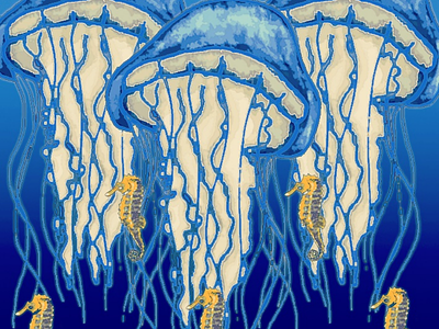 Jelly fish and seahorses illustration digital art