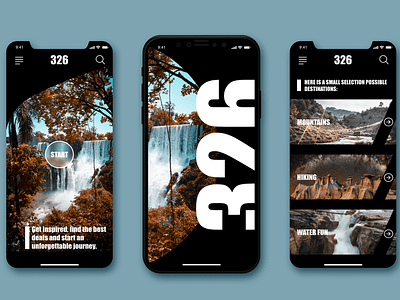 Travel App - Concept 326 Fusion 326 app concept design fun hiking mountain sketch travel water xd