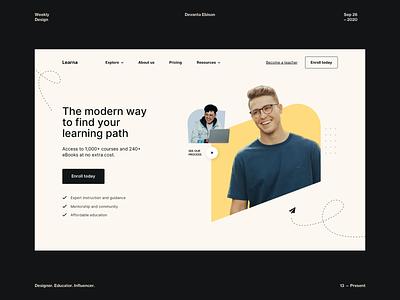 Learna Homepage Exploration branding clean ui concept design course design challenge education app home page illustration landing page learning learning app light theme minimal modern design photography school app training typography web app web design