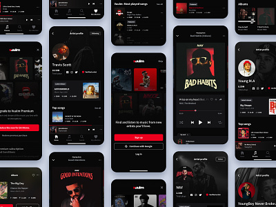 Vuulm Music Streaming App Design android app branding dark ui ios app minimal mobile mobile app mobile ui modern design music music app music player navigation product design redesign search song streaming app typography uiux