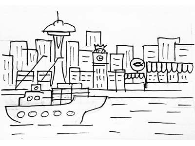 Seattle, Washington - Client City Series Sketch client city series pike place market sketch space needle starbucks