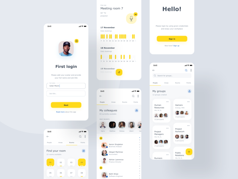World of Working App application cards case study clean groups illustration ios mobile app product design schedule ui ux visual yellow