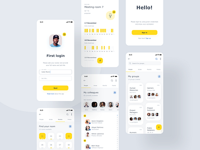 World of Working App application cards case study clean groups illustration ios mobile app product design schedule ui ux visual yellow