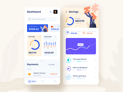 Mobile banking and savings app balance banking budget clean colorful credit card design financial financial dashboard fintech goals illustration money payments progress savings statistic ui ux wallet
