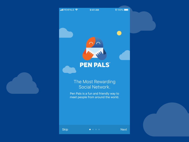 Pen Pals Onboarding Screens android animation carousel interaction ios lottie mobile app onboard onboarding react native social uiux