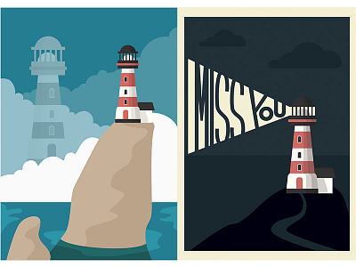 Light House adventure day flat illustratin light house nature night postcards