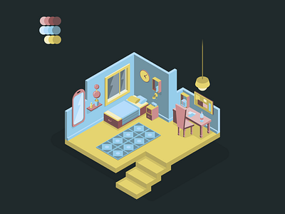 Will you be my roommate? appartament bedroom blue color colors design flat illustration illustrator isometric isometric room pink room steps yellow