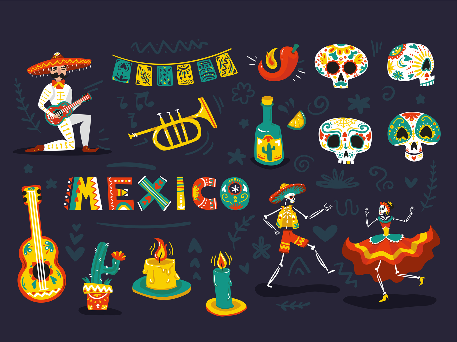 Hello Mexico! candle character design colors dance day of the dead design flat girl guitar hot illustration latin america lettering mexico pepper set skeleton skull skull art tequila