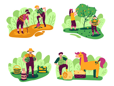 Eco Farming apple character character design collect colors eco eco farm eco friendly farm farmer flat food garden girl green horse illustration illustrator milk village