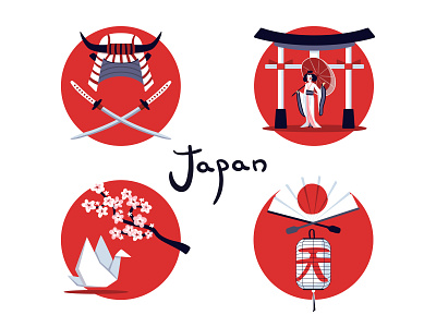 Japan branding character design color colors design fan flat geisha helmet icon illustration illustrator japan katana logo origami paper crane red sakura vector