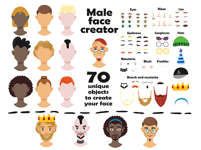 Make yourself avatar avatar beard character character design color creator dressing eyes face face constructor game man geek hats illustration king lips male mustache portrait sunglass
