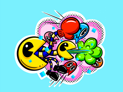 Pac Man Sticker Mash Up Cartoon Illustration abstract atari cartoon fantasy gaming illustration imaginary logo monster pacman retro
