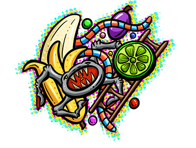lowbrow lofi art cartoon spider lime banana cartoon doodle doodle art grape illustration imaginary lime spider