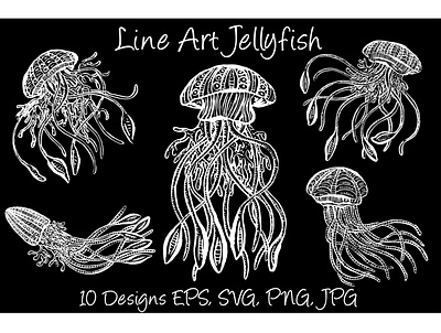 Cartoon Lineart Jellyfish Collection cartoon collection deep sea illustration illustrator imaginary jelly fish jellyfish line art octopus squid