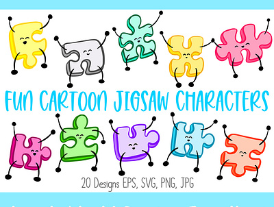Jigsaw Puzzle Pieces Cartoon Characters! cartoon character collection doodle happy icon illustration jigsaw jumping piece puzzle