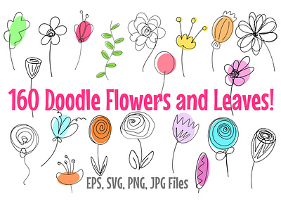 Doodle Flowers and Leaves Cartoon Icon Collection