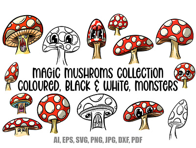 Magical Mushrooms! Cartoon Toadstool Character Illustrations cute