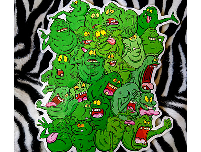 Real Ghostbusters Slimer Montage Cartoon Sticker cartoon ghostbusters green ghost illustration imaginary creature lowbrow montage real ghostbusters slimer