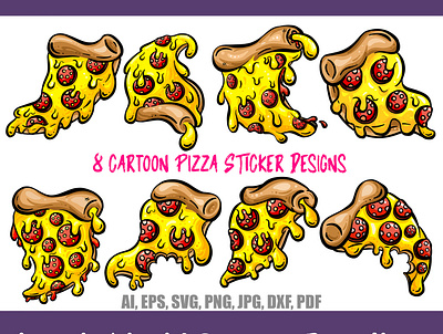 Cartoon Pizza Slice Sticker Designs cheesy pizza pizza