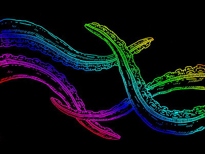 Woodcut Style Tentacles in Rainbow abstract cartoon creature cthulhu deep sea fantasy fish illustration illustrator imaginary imaginary creature monster octopus tentacles woodcut