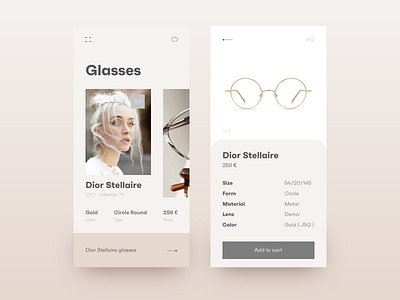 Glasses shop app app application beige clean concept creative design ecommerce girl glasses gold gradient minimal mobile pastel product product page shop ui ui ux