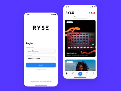 RYSE - Home Screen 2d app clean design home home screen homepage login music app online product sign in social app ui