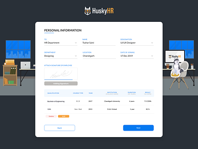 Onboarding Form Design 2d clean crm dashboad dropdown fill form design format hr human resources huskyhr huskyhr illustration onboarding signature table text ui website