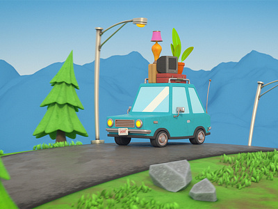 Moving Day 3d animation c4d car cinema 4d illustration journey motion design motion graphics render road road trip vroom wagon