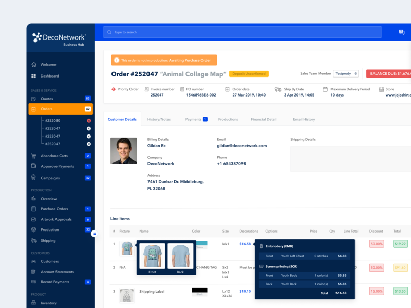 Deconetwork - Order detail app business customer dashboard deco decoration detail inventory items management order print saas shirt tshirt ui web webapp