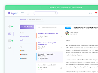 Leapdash Messages Page chat dashboard desktop inbox mail message messenger online ui ux webdesign