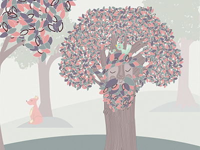 My Friend the Tree baby birds children fox illustration nature nursery pastelclouds tree