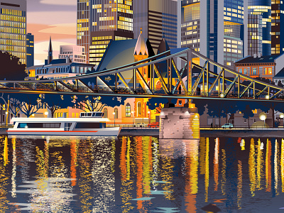 Frankfurt Nightfall cityscape dusk illustration reflections travel poster vector art