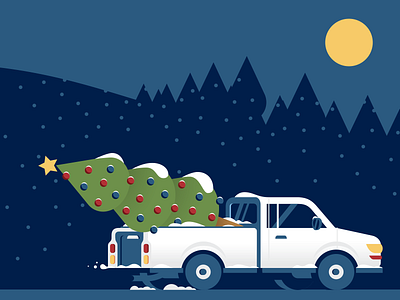 Happy Holidaze christmas eve christmas tree delivery truck illustration ornaments snow