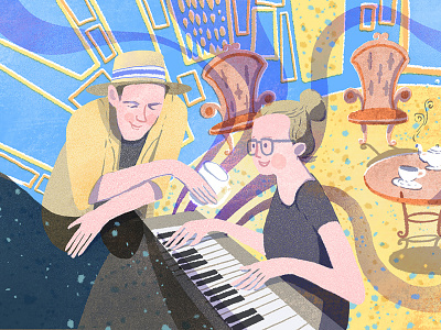 Music, friends and coffee bar character design children book illustration coffee editorial editorial illustration illustration illustrator kidlitart music musician piano procreate