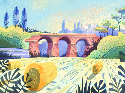 medow - landscape illustration bridge editorial illustration illustration illustration design italy kidlitart landscape landscape illustration nature procreate