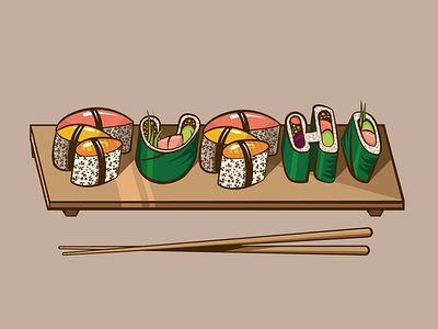 Sushi branding chopstick design fish food food and beverage grapics icon illustraor illustration japanese japanese food kawaii outline illustration surf surfing sushi vector