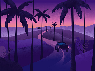 Midnight in Makawao beach car drives hawaii illustration memories night ocean palm leaf plam tree poster purple summer sunset surf tropical truck