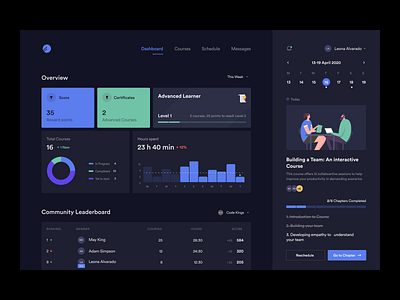 Learner platform dashboard app calendar cards class clean course dark mode dark ui dashboard design hours leaderboard learning platform minimal product schedule time trending ui ux