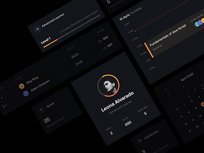 Dashboard UI Elements app cards clean course dark mode dark ui dashboard design leaderboard learning learning platform minimal product profile schedule trending ui ui elements ui kit ux