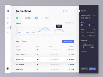 Transactions 2020 app cards clean dark ui dashboard design expenses filter finance income light ui minimal product product design sidebar transaction trending ui ux