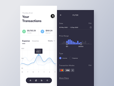 Transactions mobile app banking calendar cards clean dark ui dashboard design expense filter finance income light ui minimal product range transaction trending ui ux