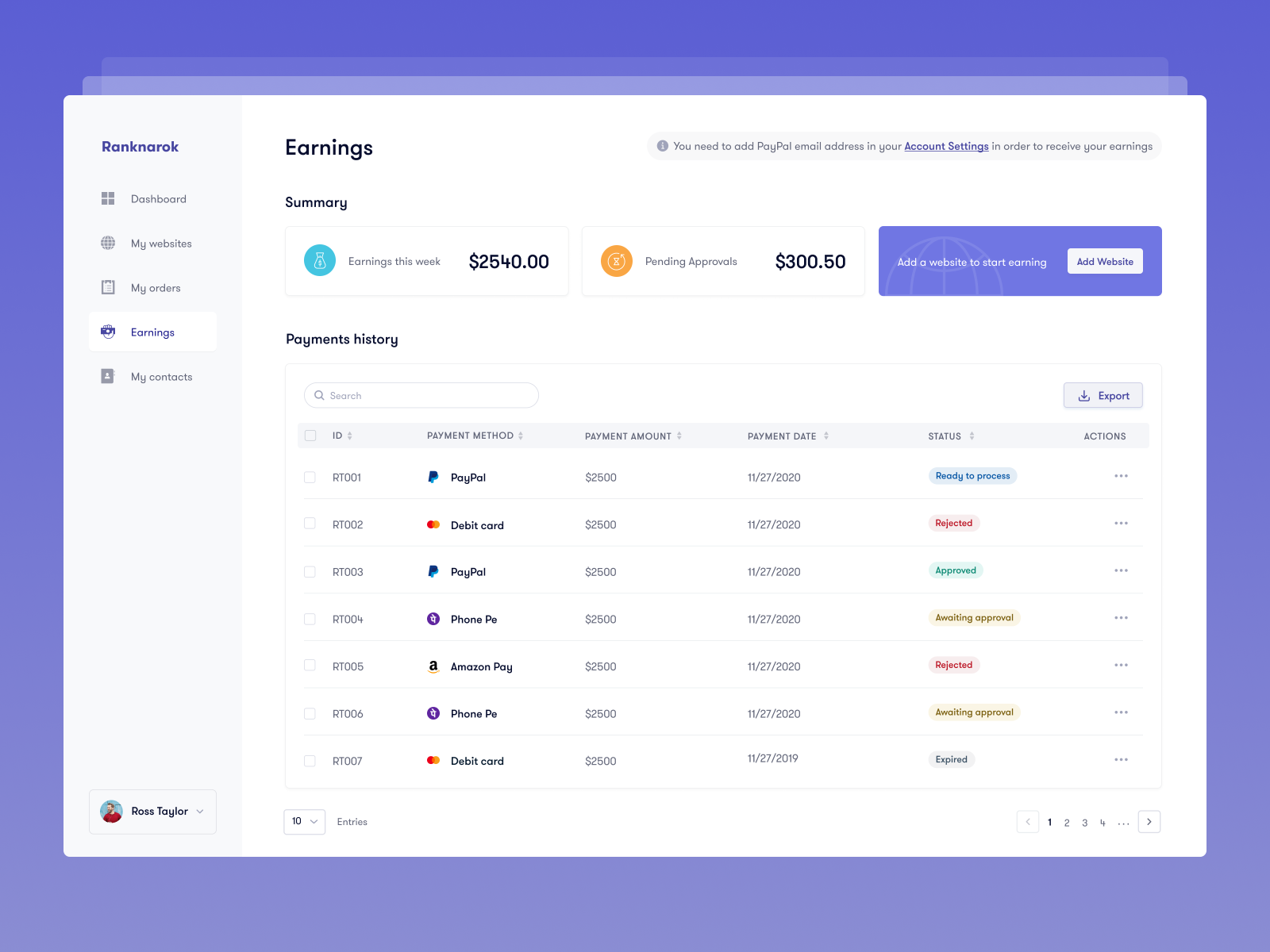 Earnings dashboard