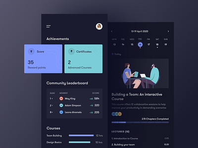 Courses dashboard mobile- dark akhil sunny app asish sunny clean courses dark app dark theme dark ui dashboard design lms minimal mobile mobile app mobile ui pixalchemy product ui ux