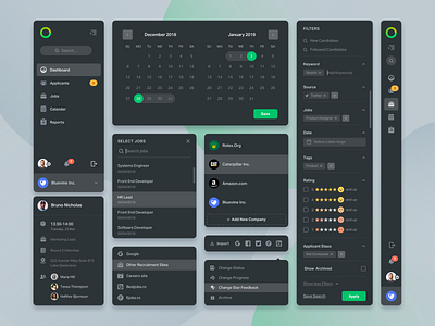 UI Components app black calendar cards dark mode dark ui dashboard design filters green hr icons jobs profile profile design sidebar tooltip ui ux web