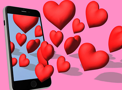 Red hearts fly out of phone screen. Concept for Valentines day 3d banner design illustration manipulation photoshop poster web