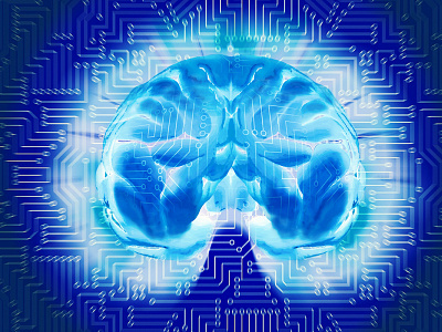 Artificial intelligence concept illustration. Human brain overla
