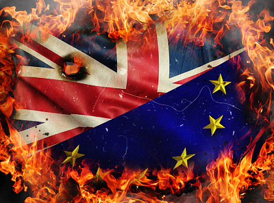 Concept of Brexit. Burning flags of UK and EU app background banner branding design flat manipulation photoshop poster web