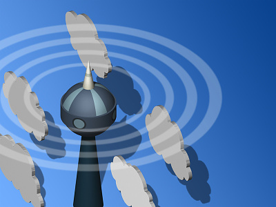 Tower transmits signal in clouds on blue sky 3D image