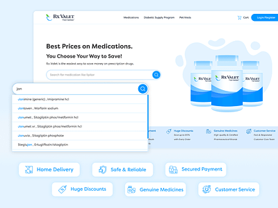 Rx Valet- Smart Search and Features healthcare landingpage mockup smart search smart search ui uiuxdesign ussllc web development